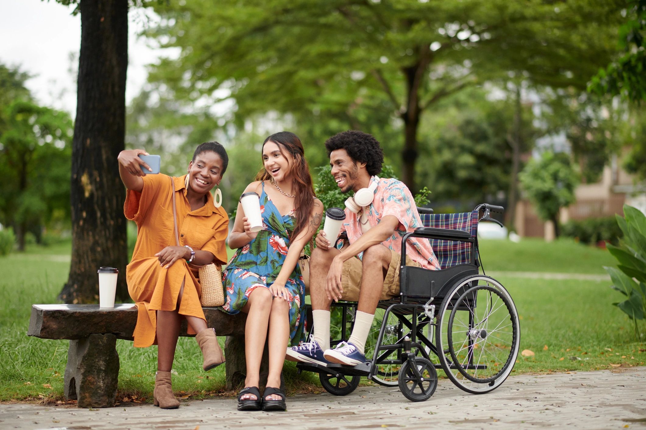 Friends connecting in a city park